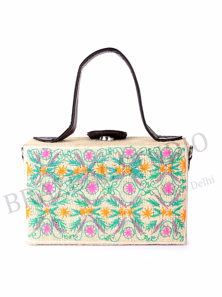 Embroidered Structured Handbag - Rectangular Handbag With Embroidered Pattern And Black Handles-2