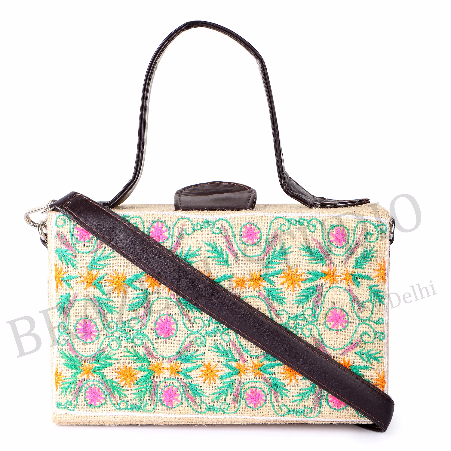 Embroidered Structured Handbag - Rectangular Handbag With Embroidered Pattern And Black Handles image 4