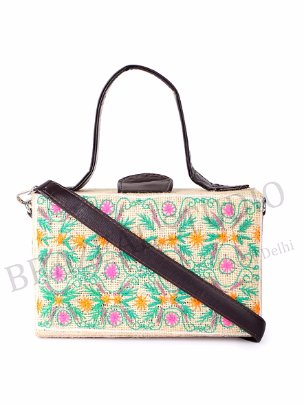 Embroidered Structured Handbag - Rectangular Handbag With Embroidered Pattern And Black Handles-3