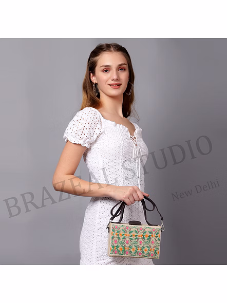 Embroidered Structured Handbag - Rectangular Handbag With Embroidered Pattern And Black Handles-6