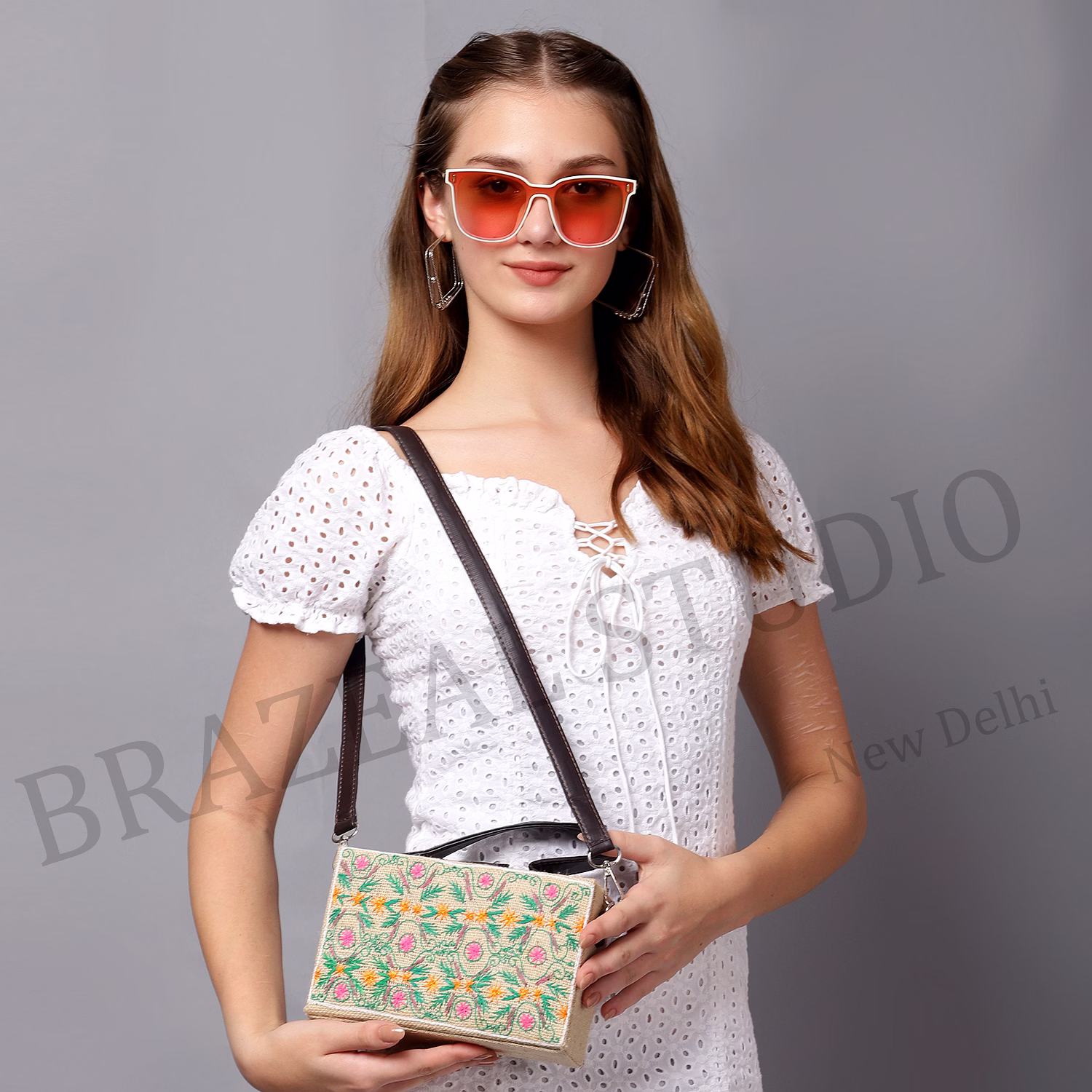Embroidered Structured Handbag - Rectangular Handbag With Embroidered Pattern And Black Handles image 9
