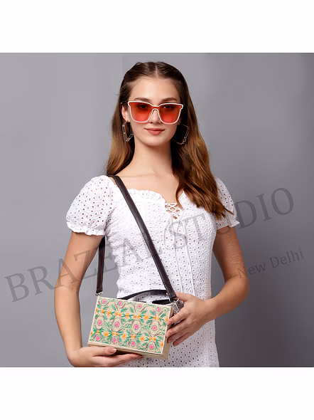 Embroidered Structured Handbag - Rectangular Handbag With Embroidered Pattern And Black Handles-8