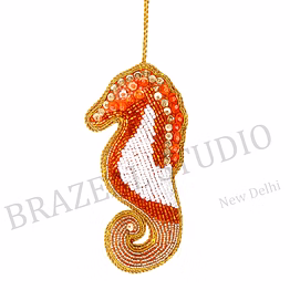 beaded seahorse hanging ornament - orange and white beaded seahorse ornament with hanging loop