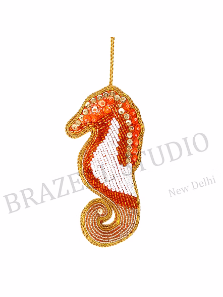 Beaded Seahorse Hanging Ornament - Orange And White Beaded Seahorse Ornament With Hanging Loop