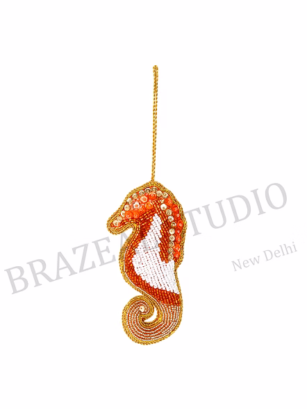 Beaded Seahorse Hanging Ornament - Orange And White Beaded Seahorse Ornament With Hanging Loop