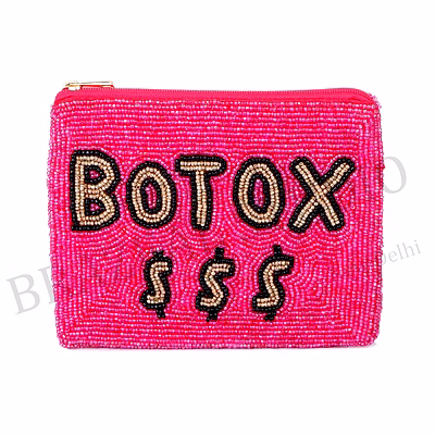 beaded zip pouch - hot pink beaded zip pouch with 'botox' text and dollar symbols