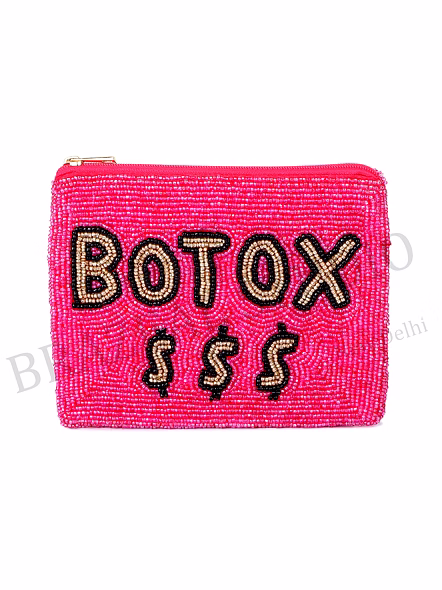 Beaded Zip Pouch - Hot Pink Beaded Zip Pouch With 'BOTOX' Text And Dollar Symbols