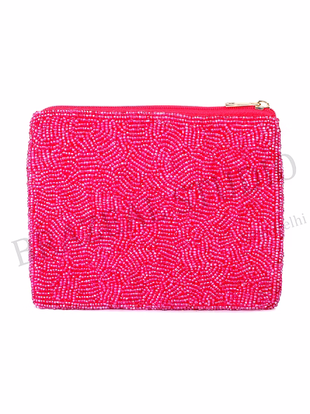 Beaded Zip Pouch - Hot Pink Beaded Zip Pouch With 'BOTOX' Text And Dollar Symbols