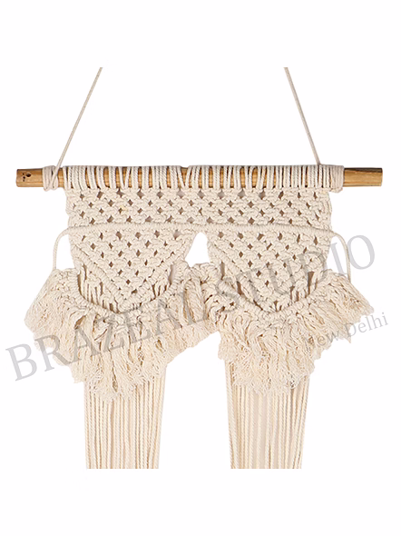 Macramé Hanging Straps - Pair Of Cream Macramé Cord Straps With Knotted Sections And Tassel Ends-1
