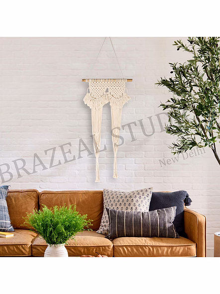 Macramé Hanging Straps - Pair Of Cream Macramé Cord Straps With Knotted Sections And Tassel Ends-2