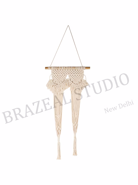 Macramé Hanging Straps - Pair Of Cream Macramé Cord Straps With Knotted Sections And Tassel Ends-3