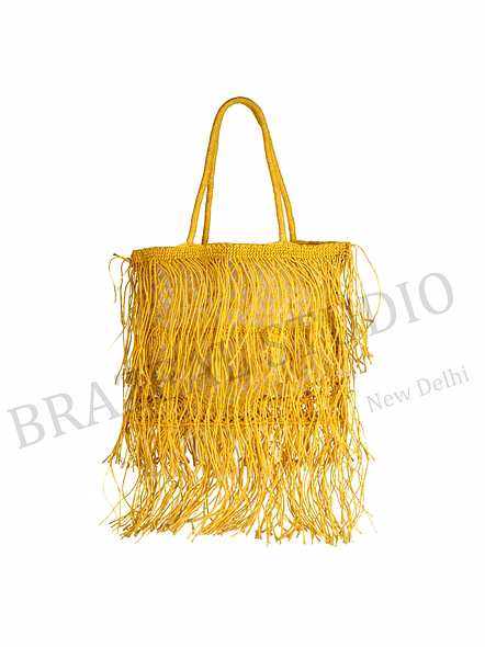 Fringe Net Tote Bag Yellow Net Tote Bag With Long Fringe And Double Handles For Wholesale And Retail Sourcing