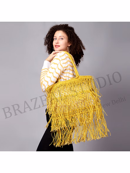 Fringe Net Tote Bag Yellow Net Tote Bag With Long Fringe And Double Handles For Wholesale And Retail Sourcing
