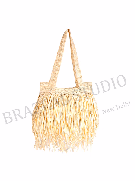 Woven Fringe Tote Bag - Natural-toned Woven Tote Bag With Fringe Body And Long Handles