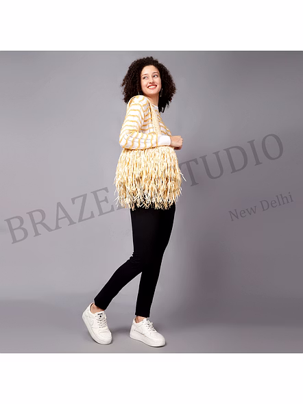 Woven Fringe Tote Bag - Natural-toned Woven Tote Bag With Fringe Body And Long Handles