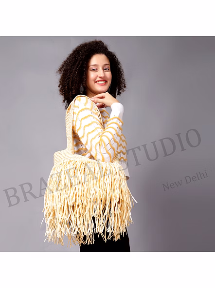 Woven Fringe Tote Bag - Natural-toned Woven Tote Bag With Fringe Body And Long Handles-2