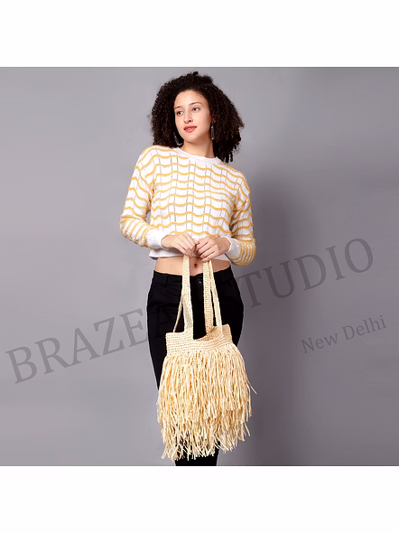 Woven Fringe Tote Bag - Natural-toned Woven Tote Bag With Fringe Body And Long Handles-4
