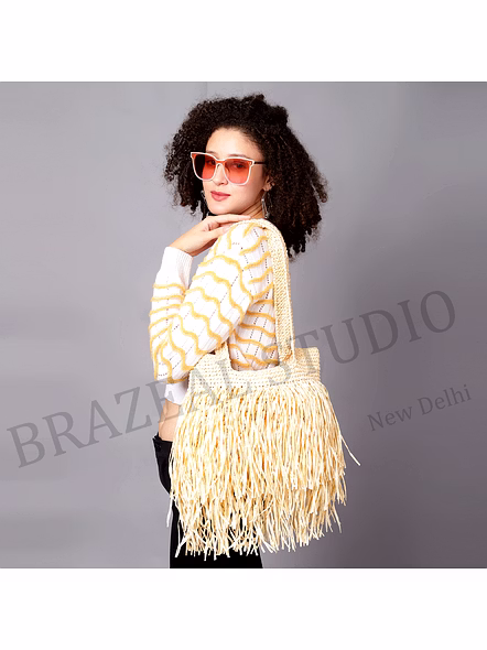 Woven Fringe Tote Bag - Natural-toned Woven Tote Bag With Fringe Body And Long Handles-5