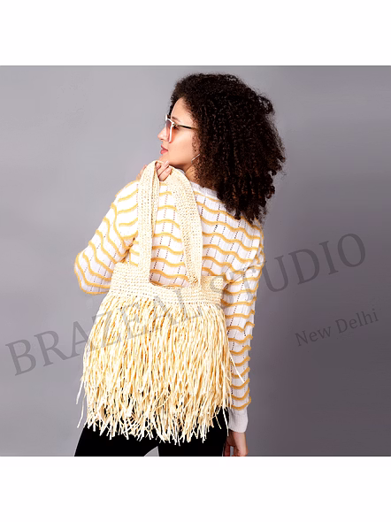 Woven Fringe Tote Bag - Natural-toned Woven Tote Bag With Fringe Body And Long Handles-6