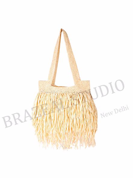 Woven Fringe Tote Bag - Natural-toned Woven Tote Bag With Fringe Body And Long Handles-7