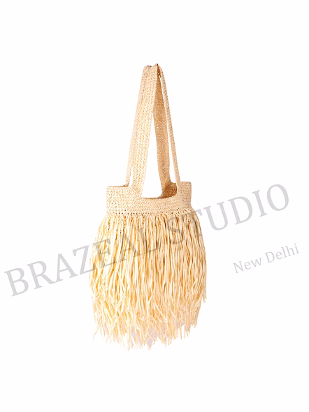 Woven Fringe Tote Bag - Natural-toned Woven Tote Bag With Fringe Body And Long Handles-8