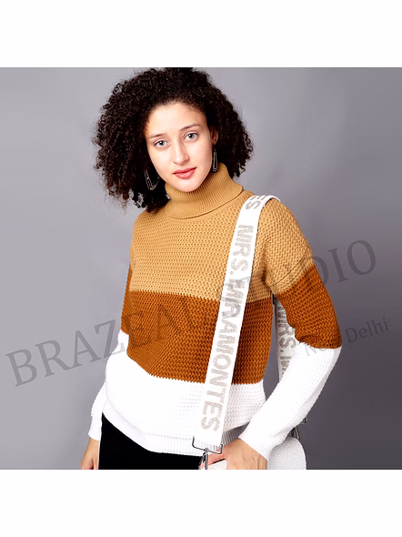 Colorblock Knit Turtleneck Sweater - Women’s Knit Sweater With Turtleneck And Three-tone Color Blocking