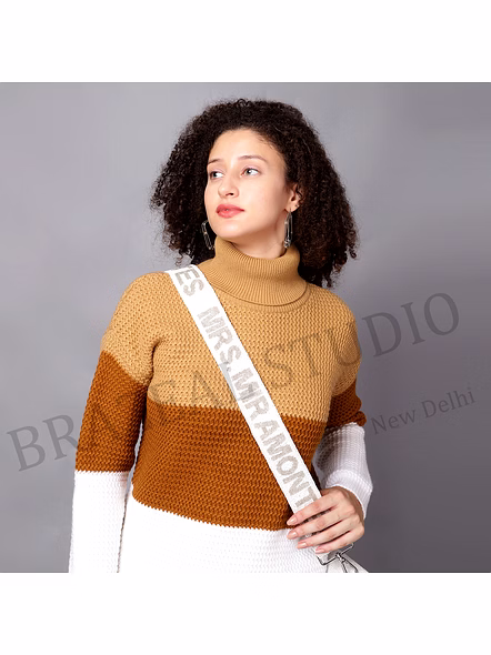 Colorblock Knit Turtleneck Sweater - Women’s Knit Sweater With Turtleneck And Three-tone Color Blocking-2