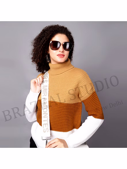 Colorblock Knit Turtleneck Sweater - Women’s Knit Sweater With Turtleneck And Three-tone Color Blocking-3