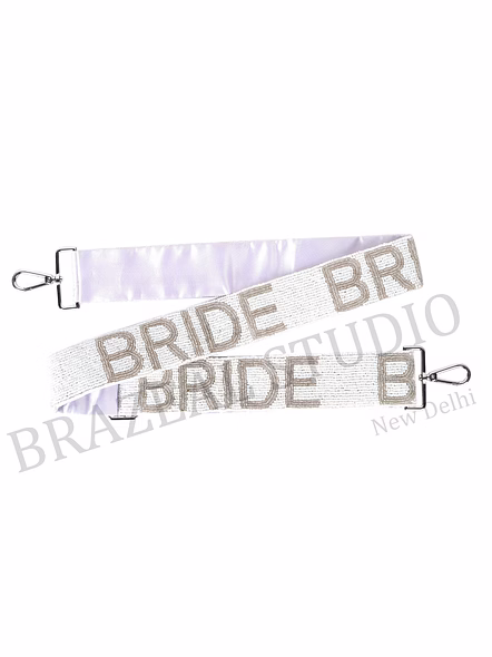 Bag Shoulder Strap With 'BRIDE' Text - Wide White Shoulder Strap With 'BRIDE' Lettering And Metal Clip Hardware-5
