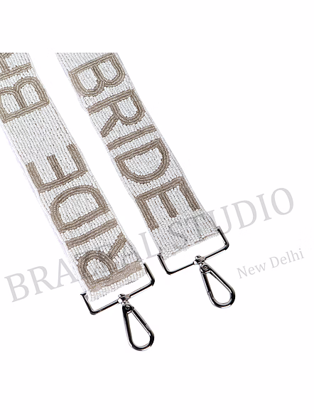 Bag Shoulder Strap With 'BRIDE' Text - Wide White Shoulder Strap With 'BRIDE' Lettering And Metal Clip Hardware-8