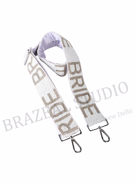 Bag Shoulder Strap With 'BRIDE' Text - Wide White Shoulder Strap With 'BRIDE' Lettering And Metal Clip Hardware-10
