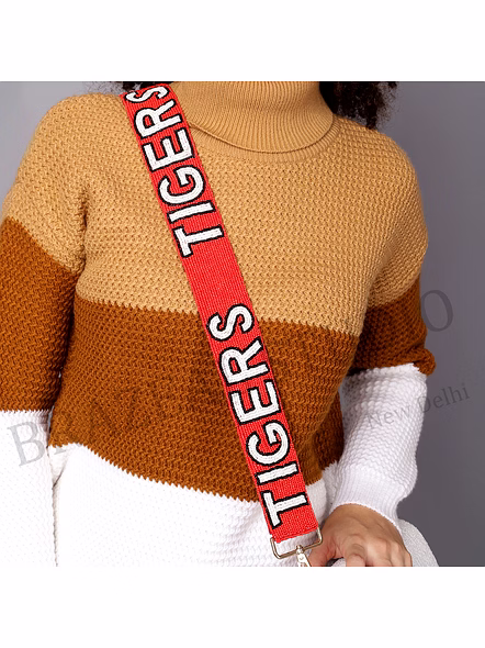 Bag Shoulder Strap With 'TIGERS' Text - Wide Red Shoulder Strap With 'TIGERS' Lettering And Metal Clip Hardware-3