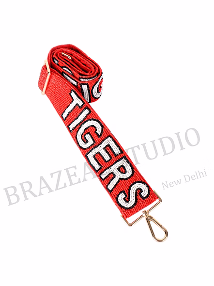 Bag Shoulder Strap With 'TIGERS' Text - Wide Red Shoulder Strap With 'TIGERS' Lettering And Metal Clip Hardware-6