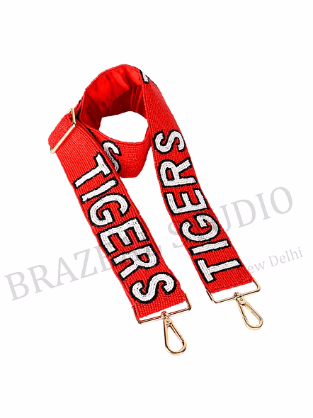 Bag Shoulder Strap With 'TIGERS' Text - Wide Red Shoulder Strap With 'TIGERS' Lettering And Metal Clip Hardware-9