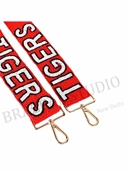 Bag Shoulder Strap With 'TIGERS' Text - Wide Red Shoulder Strap With 'TIGERS' Lettering And Metal Clip Hardware-10