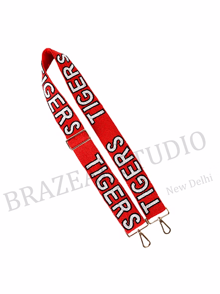 Bag Shoulder Strap With 'TIGERS' Text - Wide Red Shoulder Strap With 'TIGERS' Lettering And Metal Clip Hardware-11