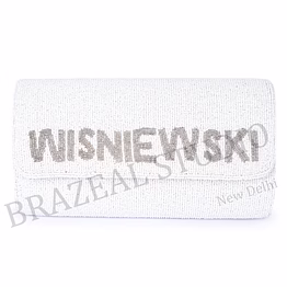 beaded envelope clutch with text - white beaded envelope clutch with 'whiskey' lettering