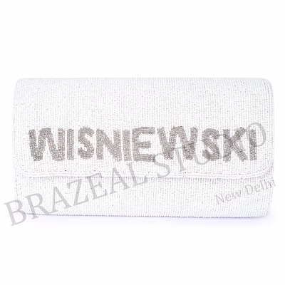 beaded envelope clutch with text - white beaded envelope clutch with 'whiskey' lettering