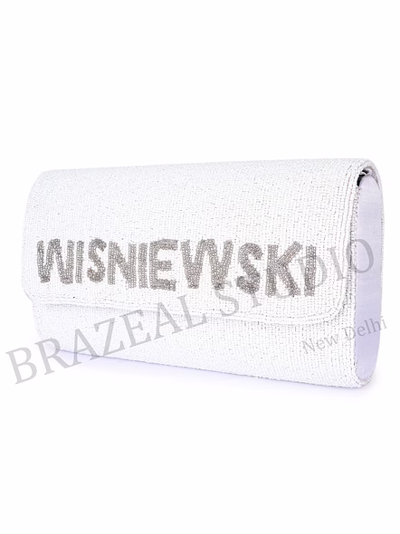 Beaded Envelope Clutch With Text - White Beaded Envelope Clutch With 'WHISKEY' Lettering
