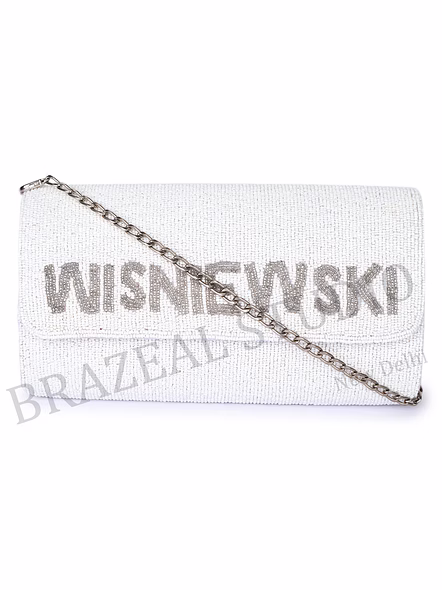 Beaded Envelope Clutch With Text - White Beaded Envelope Clutch With 'WHISKEY' Lettering-4
