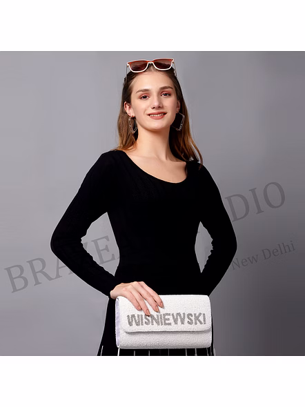Beaded Envelope Clutch With Text - White Beaded Envelope Clutch With 'WHISKEY' Lettering-9