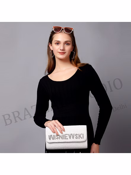 Beaded Envelope Clutch With Text - White Beaded Envelope Clutch With 'WHISKEY' Lettering-10