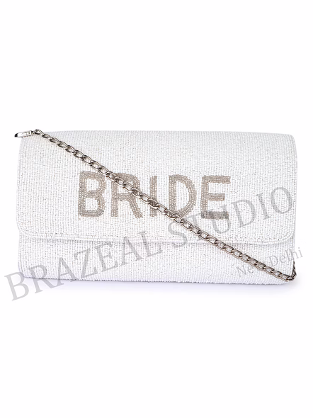 Beaded Envelope Clutch With Chain - White Beaded Envelope Clutch With Chain Strap And 'BRIDE' Text