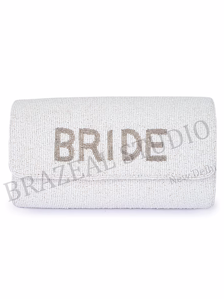 Beaded Envelope Clutch With Chain - White Beaded Envelope Clutch With Chain Strap And 'BRIDE' Text