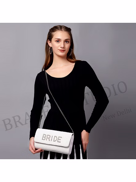 Beaded Envelope Clutch With Chain - White Beaded Envelope Clutch With Chain Strap And 'BRIDE' Text-9