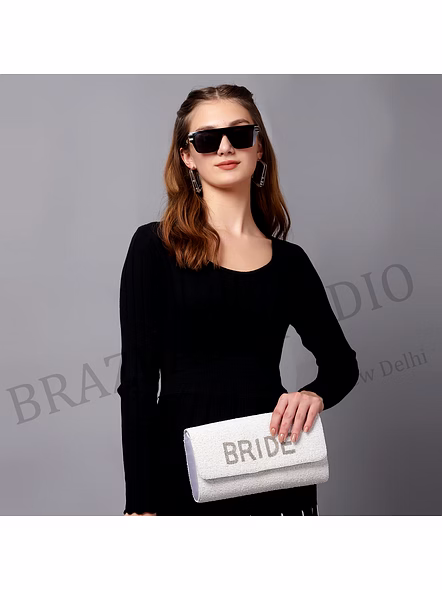 Beaded Envelope Clutch With Chain - White Beaded Envelope Clutch With Chain Strap And 'BRIDE' Text-10