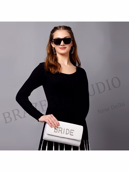 Beaded Envelope Clutch With Chain - White Beaded Envelope Clutch With Chain Strap And 'BRIDE' Text-11