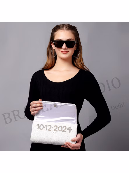 Beaded Envelope Clutch With Chain - White Beaded Envelope Clutch With Chain Strap And 'BRIDE' Text-12