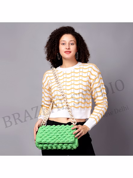 Crochet Flap Shoulder Bag - Green Crochet Shoulder Bag With Flap Front And Chunky Chain-style Strap