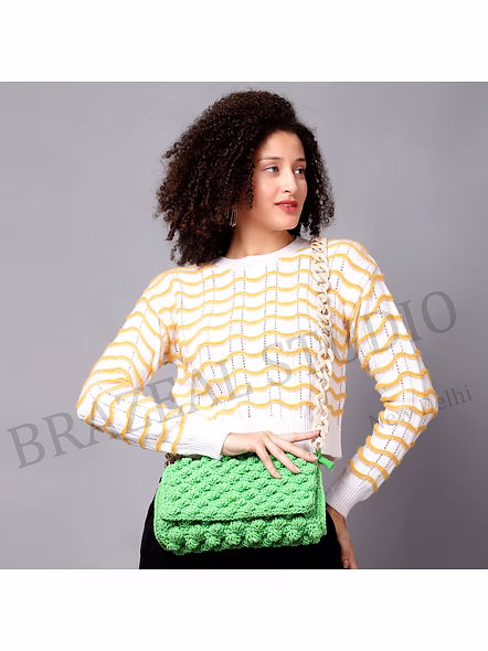 Crochet Flap Shoulder Bag - Green Crochet Shoulder Bag With Flap Front And Chunky Chain-style Strap